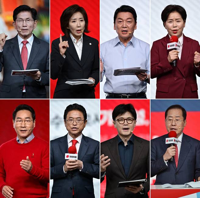 국민의힘 대선 경선 후보들이 18일 서울 강서구 ASSA아트홀에서 열린 국민의힘 ‘제21대 대통령후보자 1차 경선 비전대회’에서 비전을 발표하고 있다. 윗줄 왼쪽부터 김문수·나경원·안철수·양향자 후보. 아랫줄 왼쪽부터 유정복·이철우·한동훈·홍준표 후보.(사진-연합뉴스)