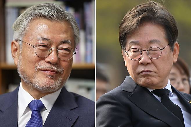 문재인 전 대통령(왼쪽), 이재명 더불어민주당 대선 경선 후보가 16일 경기도 안산 화랑유원지에서 열린 세월호 참사 11주기 기억식에 참석했다. 더불어민주당제공/뉴스1·사진공동취재단