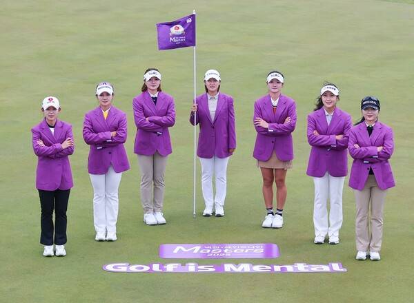 2025년 한국여자프로골프(KLPGA) 투어 넥센·세인트나인 마스터즈 대회에 출전하는 황유민, 박현경, 최은우, 김민주, 이예원, 그리고 추천 선수로 참가한 김아로미, 김새로미 프로. 사진제공=대회조직위
