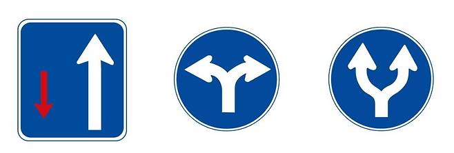 우측으로 통행하는 차량에 통행 우선권을 나타내는 표지판(왼쪽)과 좌회전 또는 우회전 지시 표지판(가운데), 양측 방향으로 통행 가능을 나타내는 표지판 / 출처=한국도로교통공단