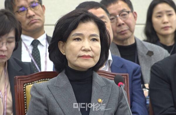 ▲18일 국회 과방위에 출석한 이진숙 위원장. 사진=김용욱 기자.