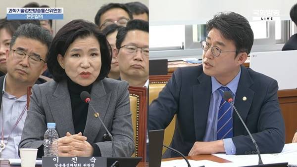 ▲18일 과방위 전체회의에 출석한 이진숙 방통위원장이 노종면 민주당 의원과 설전을 벌이고 있다. 사진=국회방송