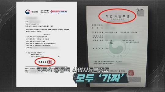 위조된 공문서와 사업자등록증. 교도관 사칭범들이 보낸 가짜 문서.