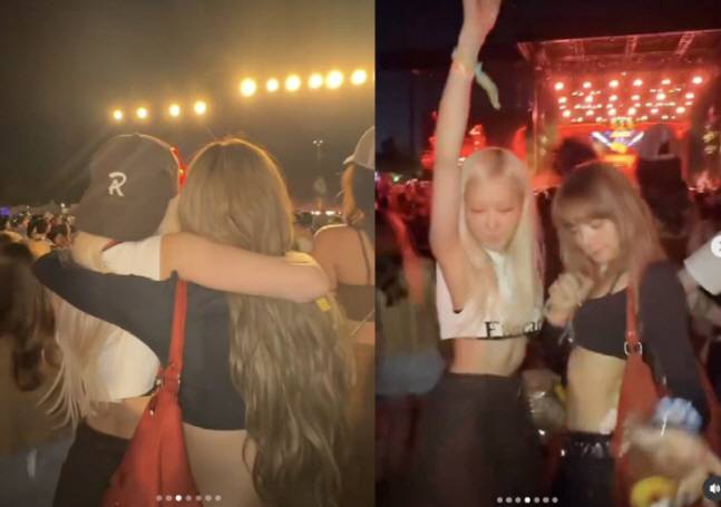 제니 코첼라 무대 직관중인 로제와 리사