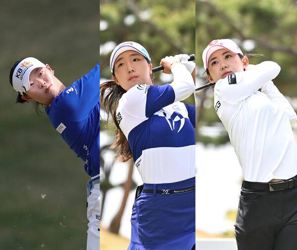 2025년 한국여자프로골프(KLPGA) 투어 넥센·세인트나인 마스터즈 대회에 출전한 방신실, 이동은, 황유민 프로가 1라운드에서 경기하는 모습이다. 사진제공=KLPGA