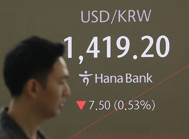 17일 오전 서울 중구 하나은행 본점 딜링룸에서 딜러가 업무를 보고 있다. [연합]