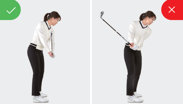 백스윙을 너무 몸 뒤쪽으로 빼주면 훅이나 푸시 샷이 나오기 쉽다(오른쪽).