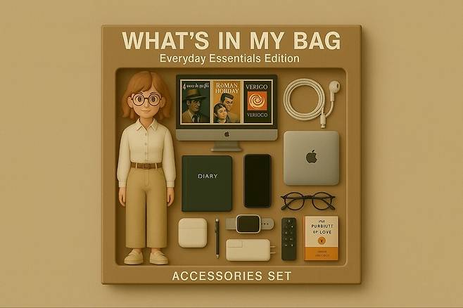 오티티 큐레이터 송지언(가명)씨가 생성형 인공지능(AI) 챗지피티(ChatGPT)에게 “피규어 상자 안에 좌측에 화이트 셔츠와 베이지색 바지, 운동화 신은 여자 피규어 배치해주고 오른쪽에 모니터, 노트북, 영화 티켓, 다이어리, 핸드폰, 마우스, 키보드 등 배치해서 이미지 생성해줘”라는 지시어를 입력해 생성한 이미지이다.