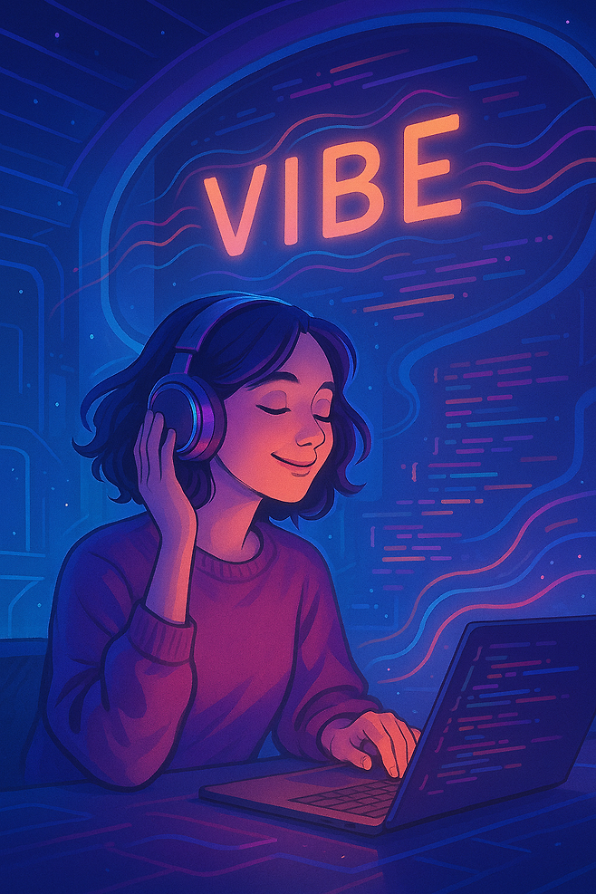 챗GPT가 ‘바이브 코딩을 하는 개발자의 이미지를 그려달라’는 기자의 요청을 받고 만들어준 이미지. 챗GPT 생성