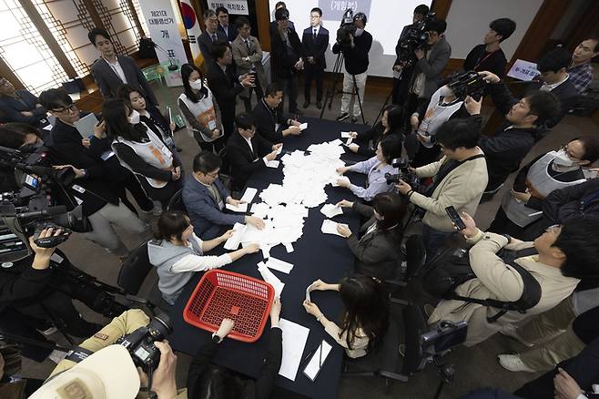 10일 오후 경기도 과천시 중앙선거관리위원회에서 열린 제21대 대통령 선거 투·개표 절차 시연회에서 선관위 직원들이 투표함에서 투표지를 꺼내 분류하고 있다.  [사진출처=뉴스1]