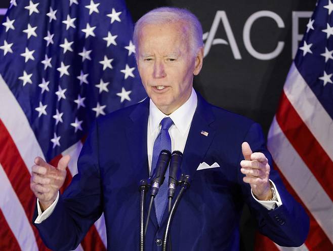 조 바이든 미국 대통령이 지난 15일(현지시간) 일리노이주 시카고의 소피텔 호텔에서 열린 장애인 변호사, 변호사 및 대리인(ACRD) 회의에서 연설하고 있다. [AFP]