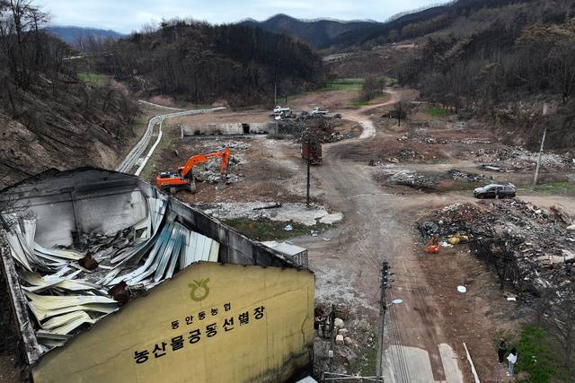 20일 오전 산불에 전소된 안동시 임하면 신덕리의 농산물 공동 선별장과 주변 시설을 철거하고 있다. /이용선기자 photokid@kbmaeil.com