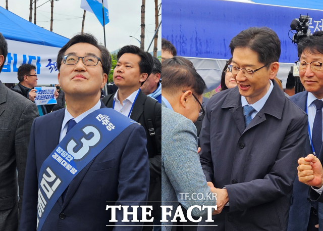 김경수, 김동연 후보는 연설회 시작 전 당원들이 모인 천막을 찾아 고개 숙여 인사했다. /서다빈 기자