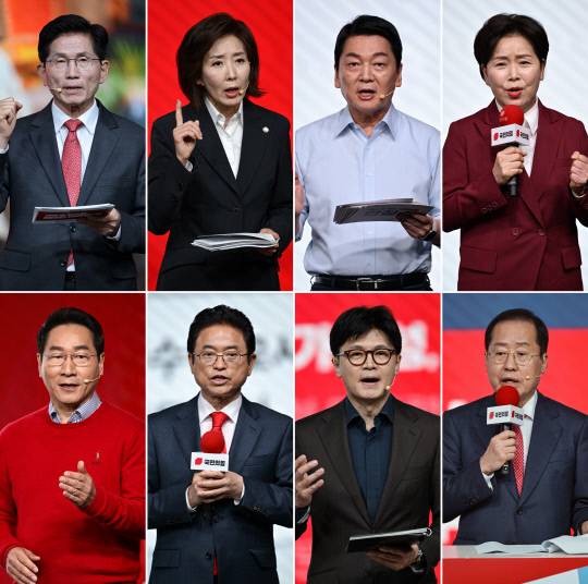 국민의힘 대선 경선 후보들. (윗줄 왼쪽부터)김문수·나경원·안철수·양향자 후보. (아랫줄 왼쪽부터) 유정복·이철우·한동훈·홍준표 후보.  연합뉴스]