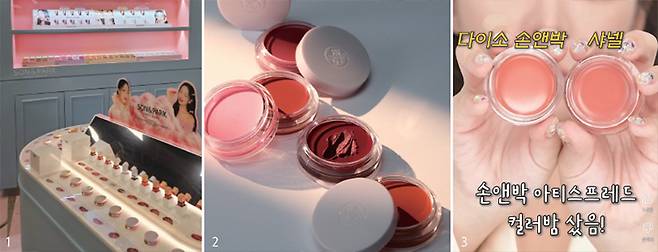 1 손앤박 매장에서 판매되는 화장품. 2 제품 개발에만 10개월 이상 걸린 손앤박의 ‘컬러 밤’ 제품. 손앤박 3 다이소와 샤넬의 화장품을 비교하는 유튜버. /손앤박, 회사원 A 유튜브