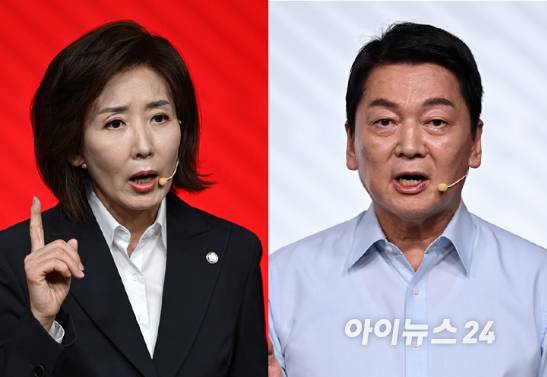 나경원(왼쪽), 안철수 국민의힘 대선 경선 후보가 18일 서울 강서구 ASSA아트홀에서 열린 국민의힘 '제21대 대통령후보자 1차 경선 비전대회'에서 비전을 발표하고 있다. [사진=김보선 기자]