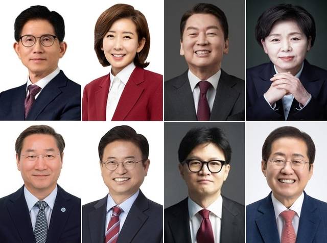 ▲ 국민의힘의 제21대 대통령선거 후보를 뽑는 경선에 나서는 후보들. 가나다순으로 사진 위 왼쪽부터 김문수 전 고용노동부 장관, 나경원 의원, 안철수 의원, 양향자 전 의원. 아래 왼쪽부터 유정복 인천시장, 이철우 경북도지사, 한동훈 전 대표, 홍준표 전 대구시장. 국민의힘 제공