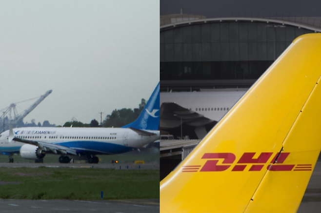 중국 샤먼 항공에 인도 예정이었으나 미국 워싱턴주 시애틀 생산기지로 돌아온 보잉 737 맥스 비행기와 DHL 익스프레스 로고. 로이터연합뉴스·픽사베이