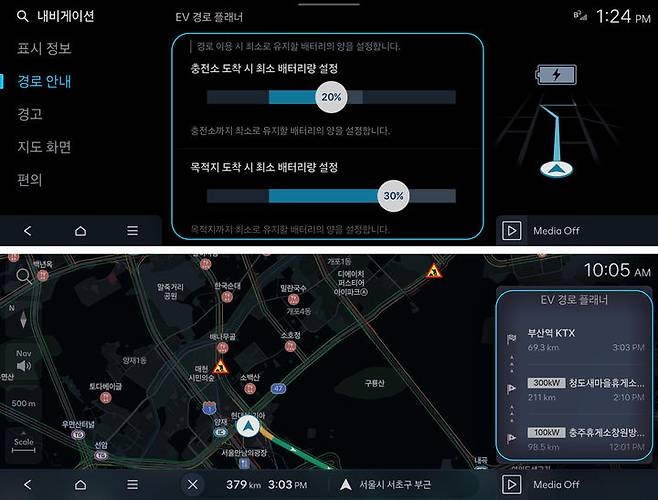 [서울=뉴시스] 현대차그룹 온라인 내비게이션 기능에 포함된 전기차 특화 'EV 경로 플래넛' 실행 모습. 충전소나 목적지에 도착했을 때 남겨둘 배터리 잔량을 설정하면 이동 경로 상 적합한 충전 장소, 횟수 등을 제안해 주행 경로를 최적화하고 배터리 잔량 관리에도 도움을 준다. (사진=현대차그룹 제공) 2025.04.21 photo@newsis.com *재판매 및 DB 금지