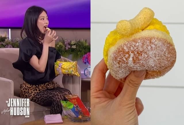 가수 제니(왼쪽)가 미국 유명 토크쇼에서 한국 과자를 소개한 뒤 미국 현지에서 도넛으로 출시됐다. 제니퍼 허드슨쇼 유튜브 영상 캡처·농심