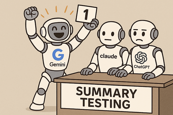 챗지피티-4o에게 주문해 그린 ‘회의록 작성’ 비교 그림. 제미나이2.5프로가 녹취 요약 기능이 제일 좋았다. ⓒ챗지피티-4o 생성 이미지