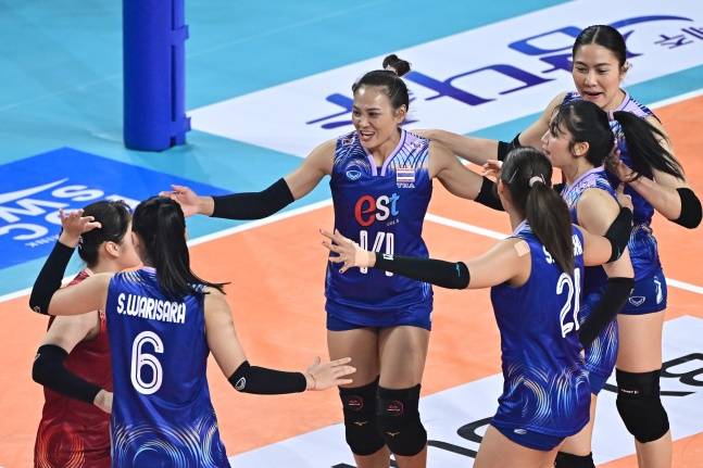 태국 올스타팀이 20일 경기 화성종합경기타운 실내체육관에서 열린 '2025 한국-태국 여자배구 올스타 슈퍼매치' 2차전에서 득점 후 기뻐하고 있다. /사진=한국배구연맹 제공