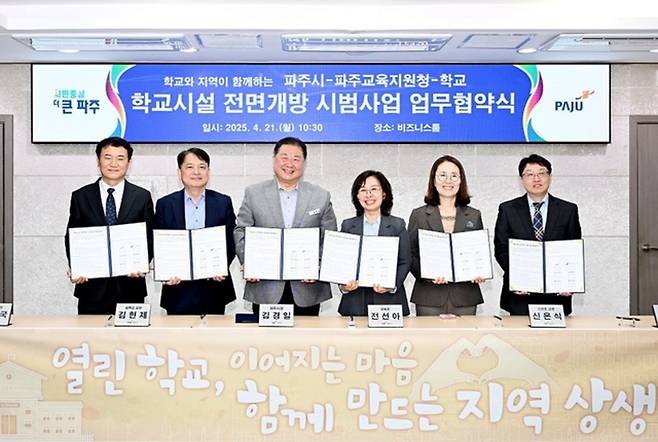 ▲ 21일 열린 학교시설 전면개방 시범사업 업무협약식에서 김경일(왼쪽 세 번째) 파주시장과 전선아(왼쪽 네 번째) 파주교육지원청 교육장, 각 학교장이 기념촬영을 하고 있다. /사진제공=파주시