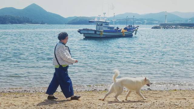반려견과 함께 바닷가를 걷는 수니와 칠공주의 김태희 할머니. “이 나이에 바다를 걷는 건 상상도 못 했다”는 소감이 전해진다. /칠곡군 제공
