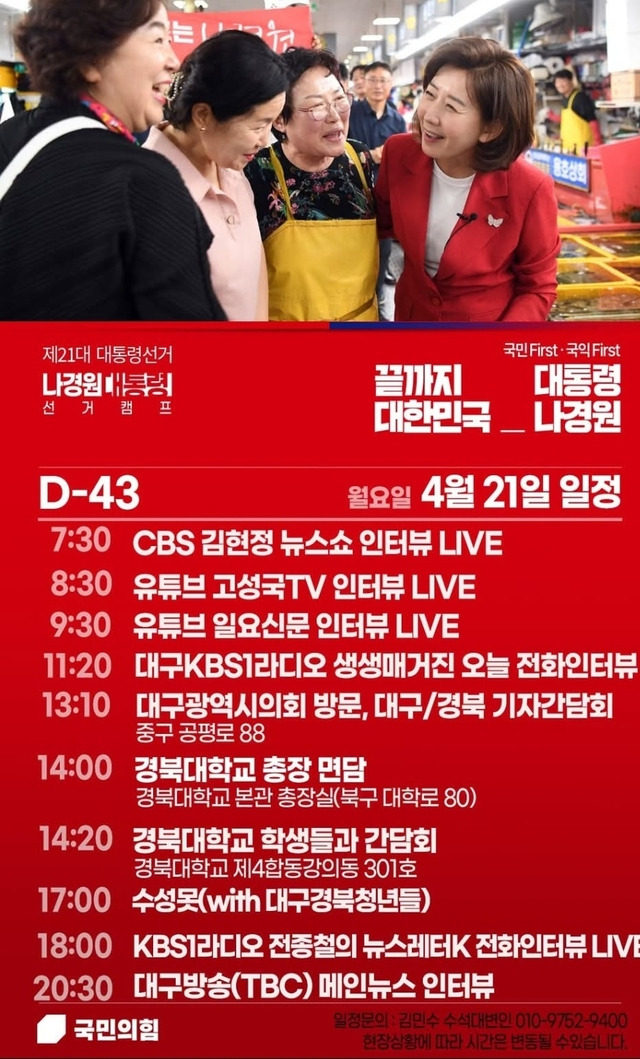 지난 21일 나경원 국민의힘 대선후보가 대구 유권자들을 만났다. 이날 TBC와의 인터뷰는 일정 보다 당겨 진행됐다.