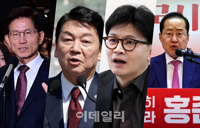 왼쪽부터 김문수 전 고용노동부 장관, 안철수 국민의힘 의원, 한동훈 국민의힘 대표, 홍준표 전 대구시장(사진 = 이데일리)
