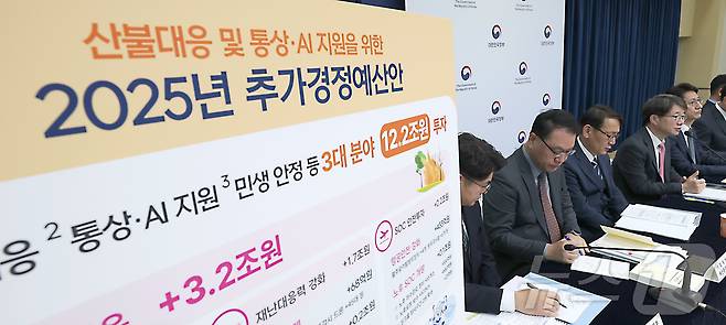 김윤상 기획재정부 2차관을 비롯한 정부부처 관계자들이 지난 17일 세종시 정부세종청사 중앙동에서 산불대응 및 통상·AI 지원 등을 위한 2025년도 추가경정예산 편성 내용을 설명하고 있다. 2025.4.18/뉴스1 ⓒ News1 김기남 기자