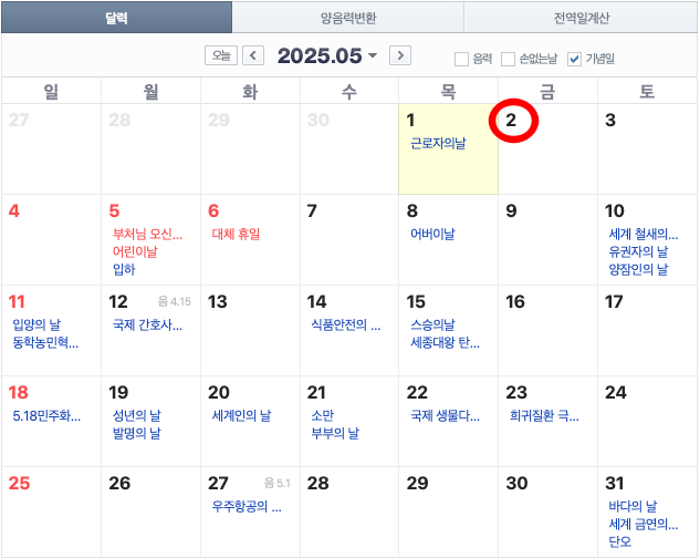 5월 초 황금연휴가 다가오면서 2일 임시공휴일 지정 여부에 누리꾼의 관심이 높아지고 있다. 최근 직장인 익명 온라인 커뮤니티 '블라인드'에는 '5월 2일이 임시공휴일로 지정될 가능성이 있느냐'는 글이 잇따른다. 네이버 달력