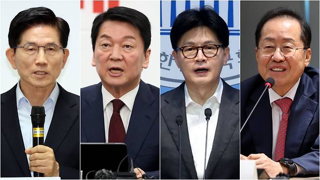 국민의힘은 22일 국민여론조사 100%를 통해 2차 경선에 나갈 4명의 후보를 선출했다. 2차 경선에 진출한 김문수 안철수 한동훈 홍준표 후보(가나다순).