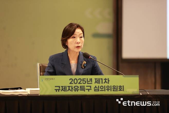 오영주 중소벤처기업부 장관이 22일 서울 종로구 포시즌스 호텔에서 열린 '2025년 제1차 규제자유특구 심의위원회'에서 인사말을 하고 있다.(사진=중소벤처기업부)