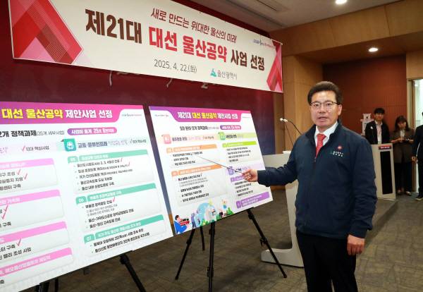 임현철 울산시 대변인이 22일 시청 프레스센터에서 21대 대통령 선거를 앞두고 지역 특성을 반영한 대선공약사업을 각 정당에 제안하고 있다. 울산시 제공