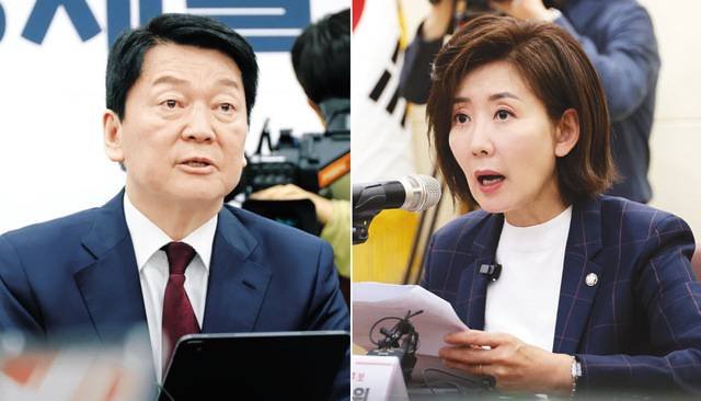국민의힘 안철수 대선 경선 후보가 21일 국민의힘 대구시당에서 기자회견을 열고 있다. 안 후보는 “당의 경쟁을 보면 민심은 안중에도 없다”며 반탄파들을 비판했다. 오른쪽 사진은 나경원 후보가 대구시의회 회의장에서 기자간담회를 열고 안 후보 발언을 반박하는 모습. 연합뉴스