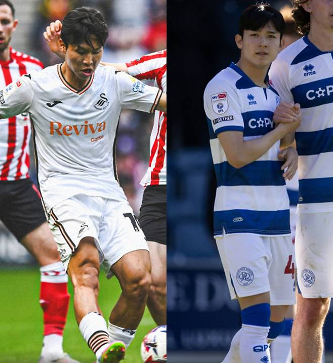 스완지 시티 엄지성이 퀸즈파크레인저스와의 대결에서 2-1로 승리했다. 사진은 스완지 시티에서 활약 중인 엄지성(왼쪽)과 퀸즈파크레인저스에서 활약 중인 양민혁의 모습. /사진=스완지 시티·퀸즈파크레인저스 인스타그램 캡처