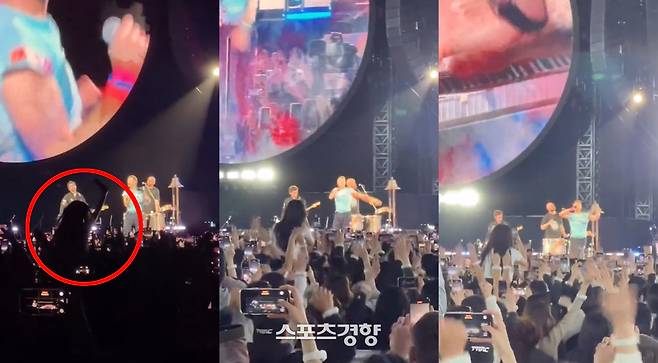 콜드플레이 내한 도중 목마를 태운 관객의 영상과 글이 비판의 대상이 되며 확산되고 있다. 사회관계망서비스 엑스 @Coldplay Access 계정 캡처