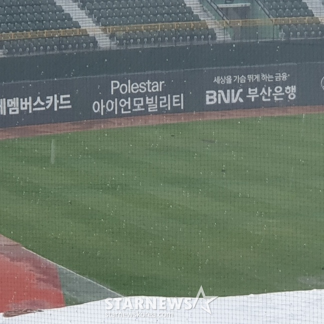 많은 비가 내리는 22일 사직야구장. 워닝 트랙에 많은 빗물이 고여있다. /사진=김동윤 기자