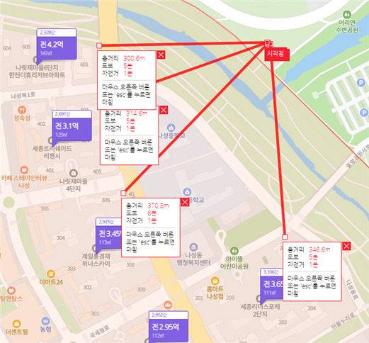 입주자대표 연합회가 분석한 나성동 주거단지와 반려동물 놀이터 입지 거리. 제천을 사이에 두고 있다. 사진=네이버 지도 갈무리 및 연합회 재구성.