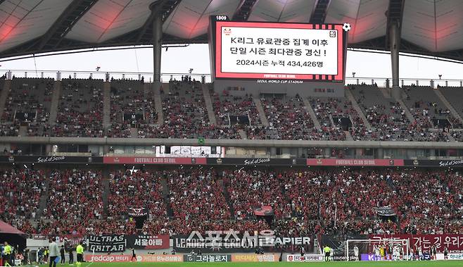 지난해 9월29일 FC서울이 수원FC와 경기에서  K리그 유료관중 집계 이후 단일 시즌 최다관중을 경신했을 때 모습. 상암 | 최승섭기자 thunder@sportsseoul.com