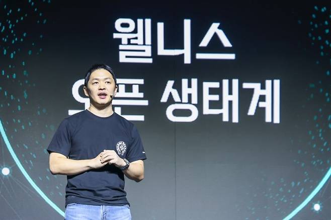 최성환 SK네트웍스 사장이 23일 워커힐호텔앤리조트에서 열린 로보틱스 브랜드 '나무엑스' 쇼케이스 행사에서 연설하고 있다. SK네트웍스 제공