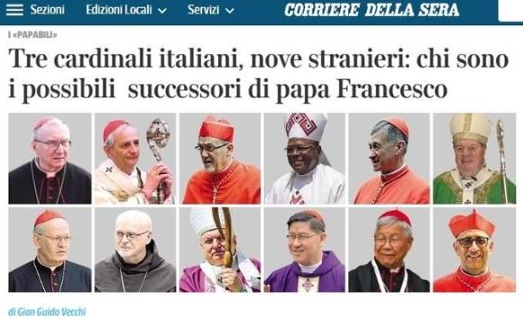제266대 교황 프란치스코가 선종한 가운데, 이태리 최대 일간지 코리에델라세라가 보도를 통해 차기 교황 후보군 12명을 소개했다. 이 가운데 한국인 유흥식 라자로 추기경(교황청 성직자성 장관)이 포함돼 주목된다. 사진은 코리에레델라세라 홈페이지. [사진=코리에레델라세라]
