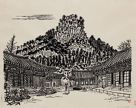 내금강 장안사(평촌운일,히로쯔카 운이치)1937년 61x76cm. 사진 명주사 고판화박물관