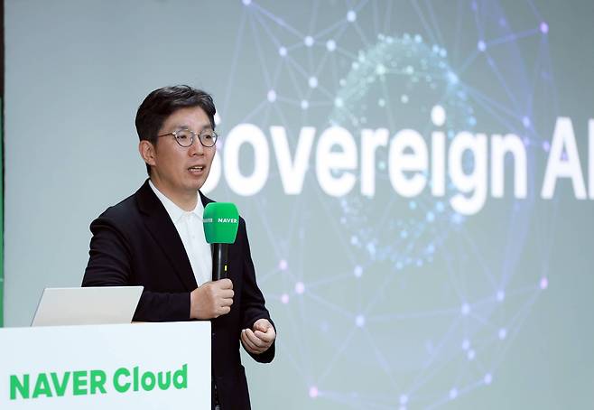 Naver Cloud CEO Kim Yu-won speaks at a press event in southern Seoul on April 23. [NAVER CLOUD]