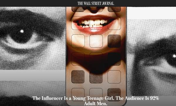 ▲ 2024년 6월15일월스트리트저널(WSJ) 기사 '인플루언서는 어린 10대 소녀, 청중은 92%가 성인 남성'(The Influencer Is a Young Teenage Girl. The Audience Is 92% Adult Men) 갈무리.