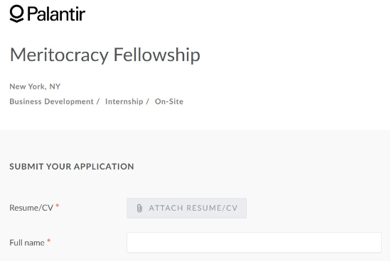 팔란티어 ‘실력주의(Meritocracy) 펠로십’ 공고  (팔란티어 홈페이지 갈무리)