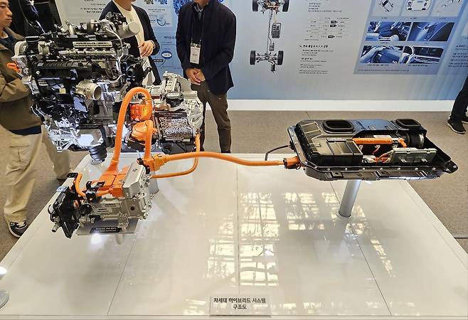 현대자동차그룹이 전격 공개한 차세대 하이브리드(HEV) 시스템 구조도. 2개의 모터가 내장된 신규 변속기에 다양한 엔진 라인업을 조합할 수 있어 차급과 차량 특성에 맞춰 최적화한 성능과 연비를 제공한다.  서재근 기자