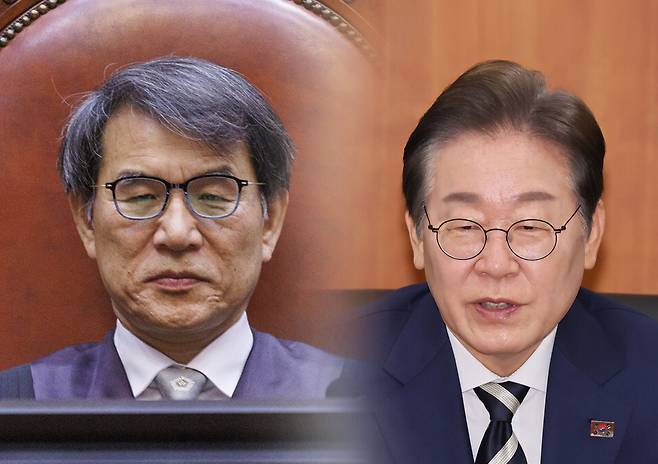 (왼쪽)중앙선거관리위원장을 겸하는 노태악 대법관과 이재명 더불어민주당 전 대표 ⓒ시사저널 양선영 디자이너·연합뉴스