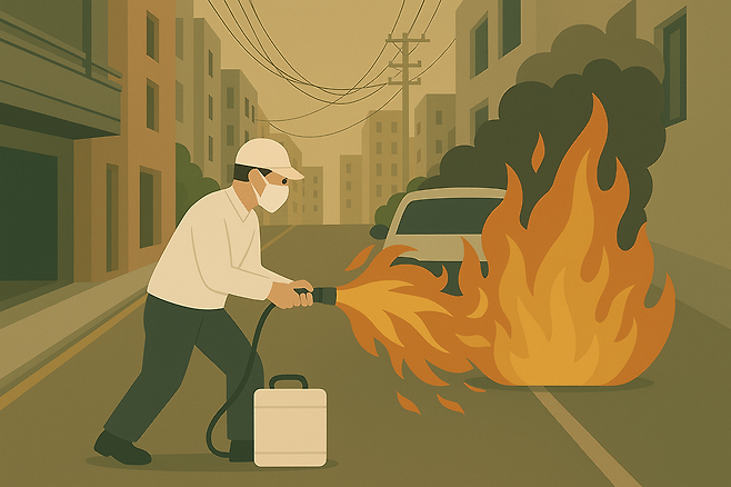 봉천동 아파트 방화 유력 용의자가 21일 서울 관악구 봉천동 한 빌라 앞에서 아파트에 불을 내기 전 농약살포기 추정 도구를 이용해 불을 지르고 있다. ⓒSNS 사진 활용 ChatGPT 생성 이미지